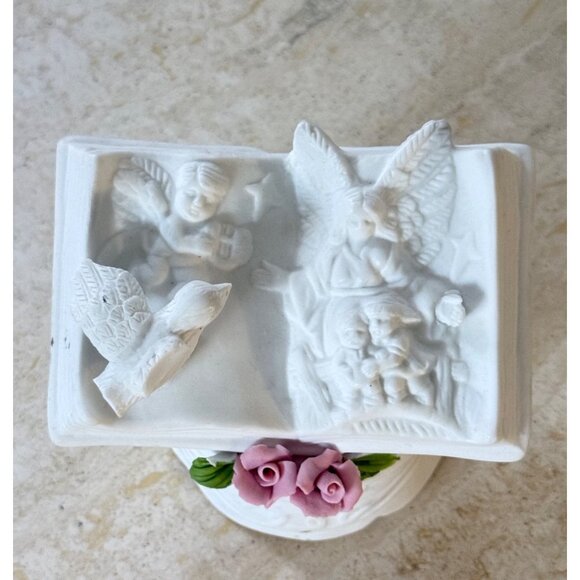 Porcelain Angel Book Figurine On Stand With Rose Accents - Picture 2 of 4